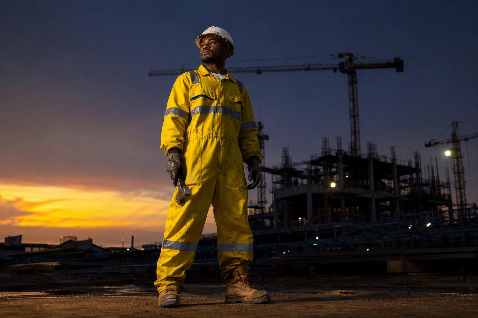 Worker in reflective coverall and safety boots at dusk